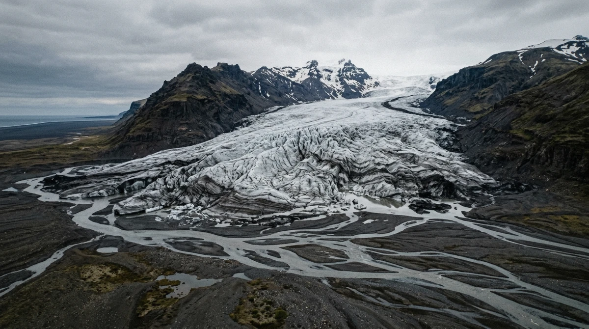 A crevassed glacier tongue spilling between dark mountains in southeast Iceland, one option for the best glacier hike Iceland offers