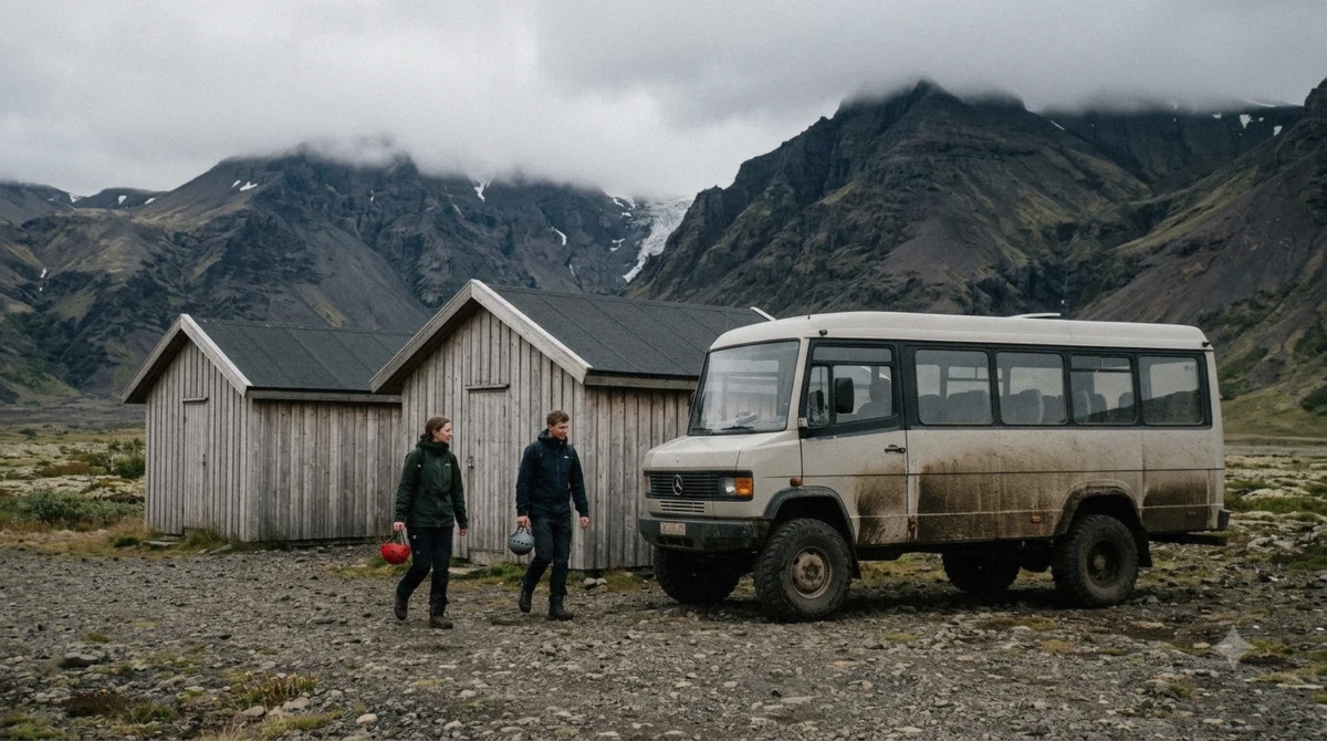 Wooden operator huts and 4x4 buses at the Skaftafell base camp where guided Skaftafell glacier hike tours hand out crampons and helmets, Iceland