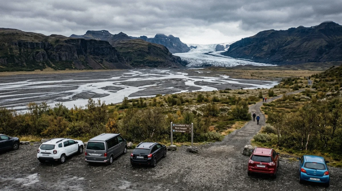 The Skaftafellsstofa visitor centre car park at the start of the free glacier trail and the Skaftafell glacier hike meeting points, Vatnajökull National Park, Iceland